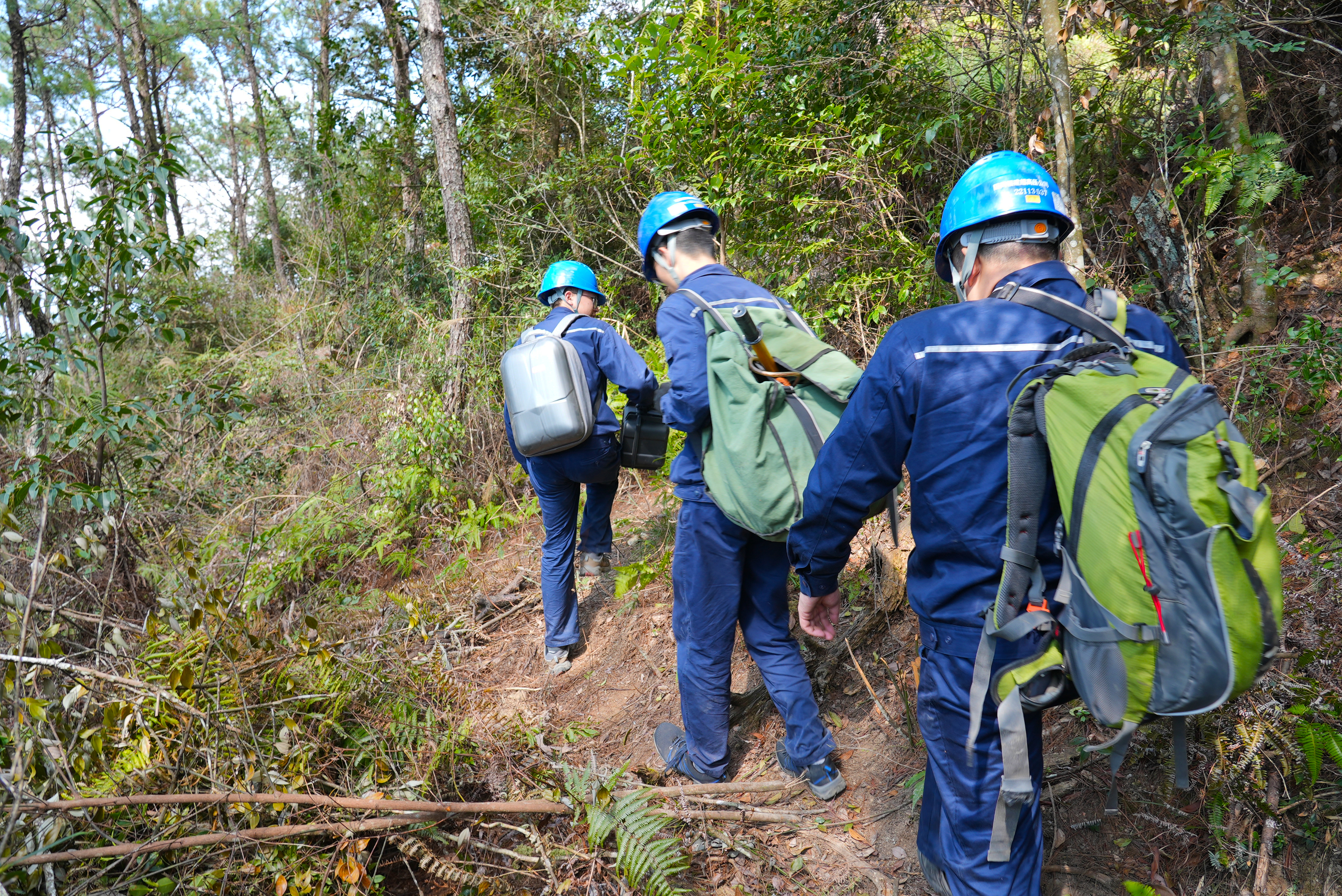 2月21日國網(wǎng)福州供電公司輸電帶電作業(yè)班成員背著工器具上山前往福建省福州市閩清縣桔林鄉(xiāng)尚德村500千伏榕三Ⅰ路74號塔至75號塔間的線路上帶電處理導(dǎo)線黏連隱患（陳德鈞）1.jpg