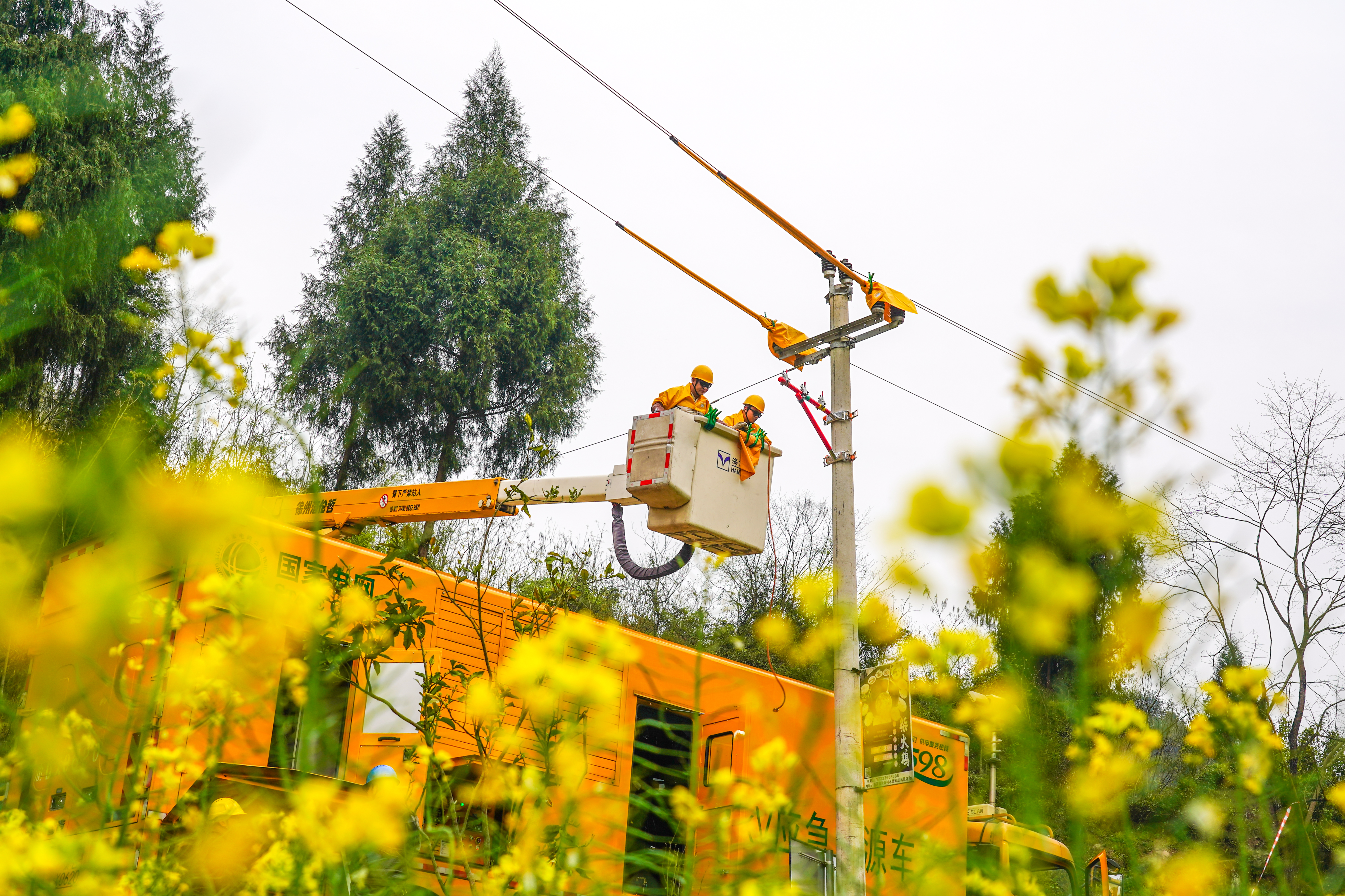 3月22日，國網(wǎng)重慶開州供電員工在開州區(qū)岳溪鎮(zhèn)開展帶電作業(yè)。（安姚鑫 攝）.jpg